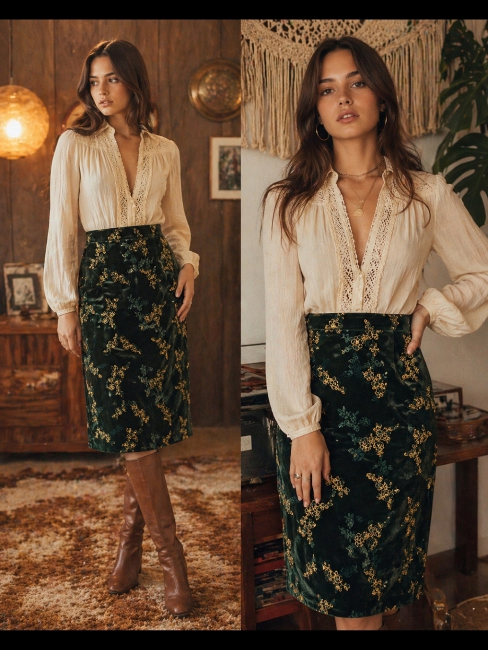 Vintage 1970.s Green Velvet Floral Midi Skirt Embrodiered Fits 4-6